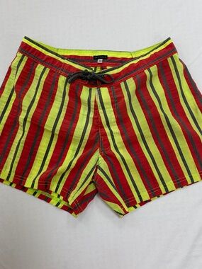 Sauvage Striped Board Shorts Swim Trunks | Neon Yellow & Red | Size 34